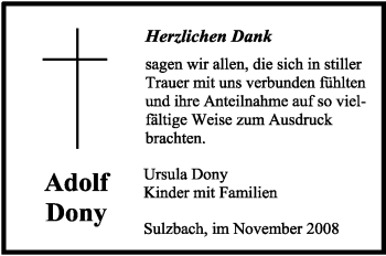 Todesanzeige von Adolf Dony von SAARBRÜCKER ZEITUNG