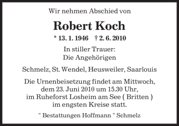 Todesanzeige von Robert Koch von SAARBRÜCKER ZEITUNG