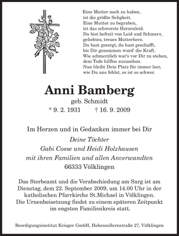 Todesanzeige von Anni Bamberg von SAARBRÜCKER ZEITUNG
