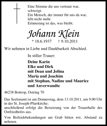 Todesanzeige von Johann Klein 