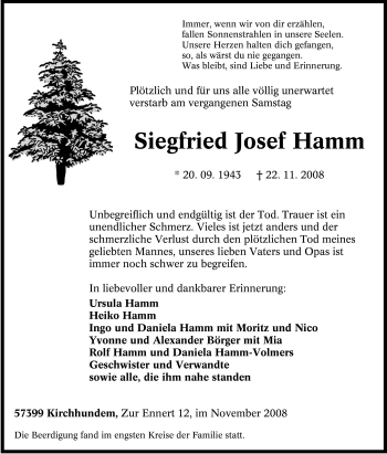 Todesanzeige von Siegfried Josef Hamm 