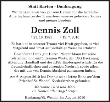 Todesanzeige von Dennis Zoll von SAARBRÜCKER ZEITUNG