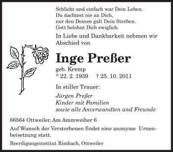 Todesanzeige von Inge Preßer von SAARBRÜCKER ZEITUNG