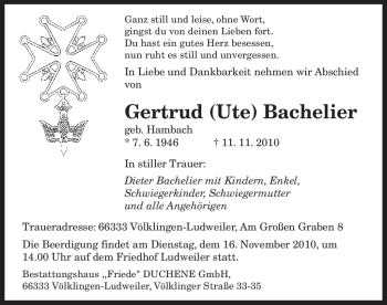 Todesanzeige von Gertrud Bachelier von SAARBRÜCKER ZEITUNG
