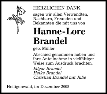 Todesanzeige von Hanne-Lore Brandel von SAARBRÜCKER ZEITUNG
