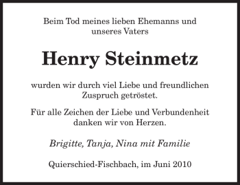 Todesanzeige von Henry Steinmetz von SAARBRÜCKER ZEITUNG