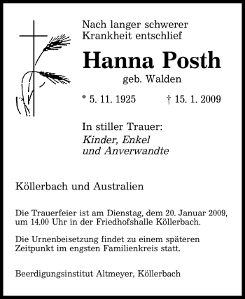 Todesanzeige von Hanna Posth von SAARBRÜCKER ZEITUNG