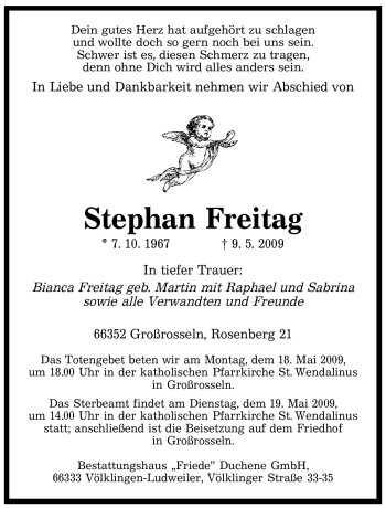 Todesanzeige von Stephan Freitag von SAARBRÜCKER ZEITUNG