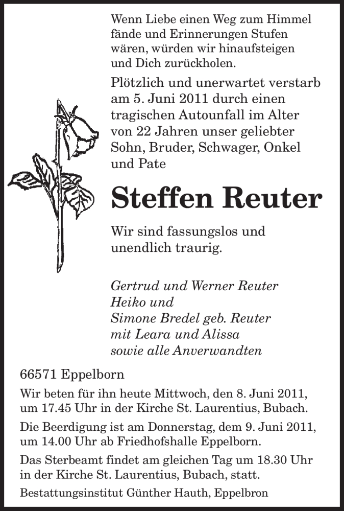  Traueranzeige für Steffen Reuter vom 08.06.2011 aus SAARBRÜCKER ZEITUNG