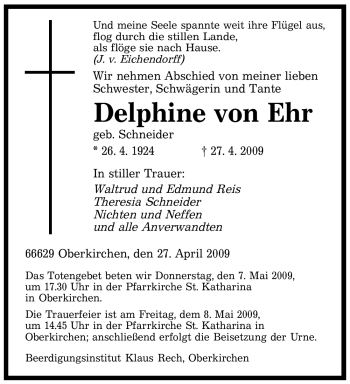 Todesanzeige von Delphine von Ehr von SAARBRÜCKER ZEITUNG
