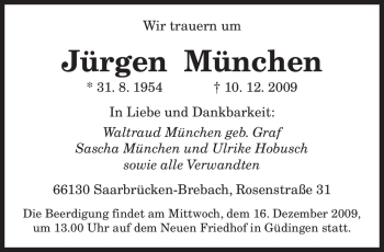 Todesanzeige von Jürgen München von SAARBRÜCKER ZEITUNG
