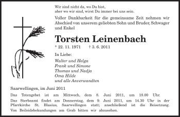 Todesanzeige von Thorsten Leinenbach von SAARBRÜCKER ZEITUNG