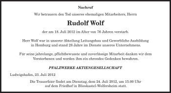 Todesanzeige von Rudolf Wolf von SAARBRÜCKER ZEITUNG
