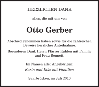 Todesanzeige von Otto Gerber von SAARBRÜCKER ZEITUNG