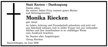 Todesanzeige von Monika Riecken von SAARBRÜCKER ZEITUNG