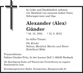 Todesanzeige von Alexander Günder von SAARBRÜCKER ZEITUNG