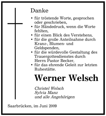 Todesanzeige von Werner Welsch von SAARBRÜCKER ZEITUNG