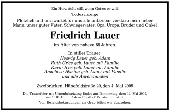 Todesanzeige von Friedrich Lauer von SAARBRÜCKER ZEITUNG