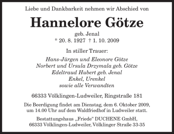 Todesanzeige von Hannelore Götze von SAARBRÜCKER ZEITUNG