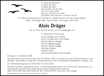 Todesanzeige von Alois Dräger von saarbruecker_zeitung