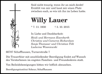 Todesanzeige von Willy Lauer von saarbruecker_zeitung