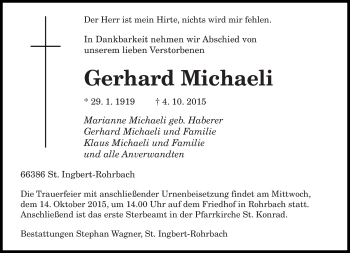 Todesanzeige von Gerhard Michaeli von saarbruecker_zeitung