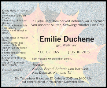 Todesanzeige von Emilie Duchene von saarbruecker_zeitung