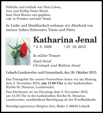 Todesanzeige von Katharina Jenal von saarbruecker_zeitung