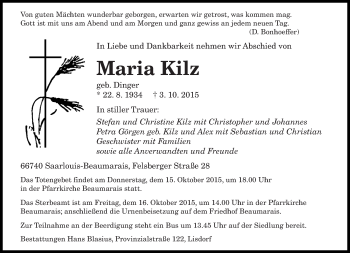 Todesanzeige von Maria Kilz von saarbruecker_zeitung