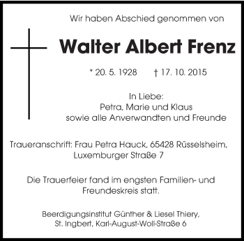 Todesanzeige von Walter Albert Frenz von saarbruecker_zeitung