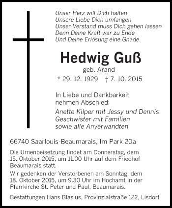 Todesanzeige von Hedwig Guß von saarbruecker_zeitung