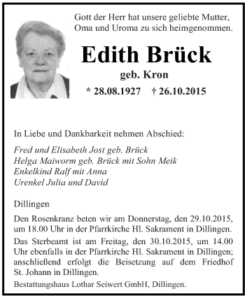 Todesanzeige von Edith Brück von saarbruecker_zeitung