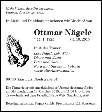 Todesanzeige von Ottmar Nägele von saarbruecker_zeitung