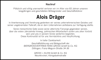 Todesanzeige von Alois Dräger von saarbruecker_zeitung