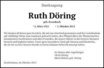 Todesanzeige von Ruth Döring von saarbruecker_zeitung