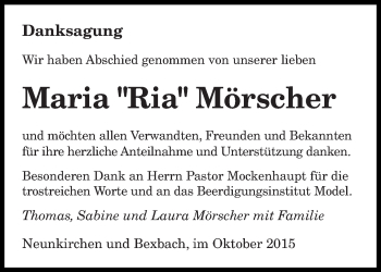 Todesanzeige von Maria  Mörscher von saarbruecker_zeitung