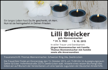 Todesanzeige von Lilli Bleicker von saarbruecker_zeitung