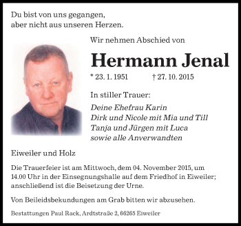 Todesanzeige von Hermann Jenal von saarbruecker_zeitung