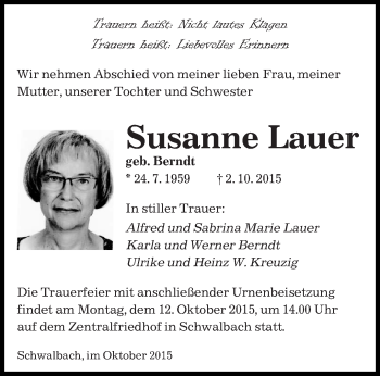 Todesanzeige von Susanne Lauer von saarbruecker_zeitung