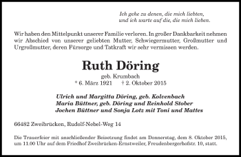 Todesanzeige von Ruth Döring von saarbruecker_zeitung