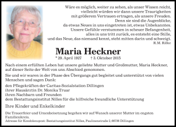 Todesanzeige von Maria Heckner von saarbruecker_zeitung