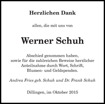 Todesanzeige von Werner Schuh von saarbruecker_zeitung