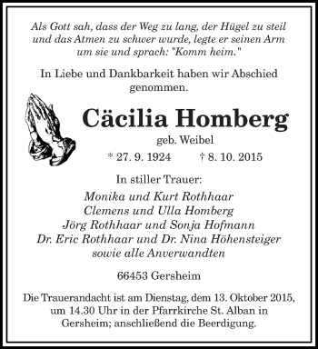 Todesanzeige von Cäcilia Homberg von saarbruecker_zeitung