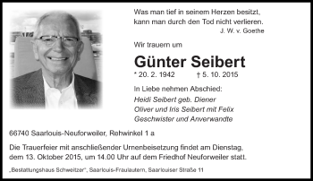 Todesanzeige von Günter Seibert von saarbruecker_zeitung