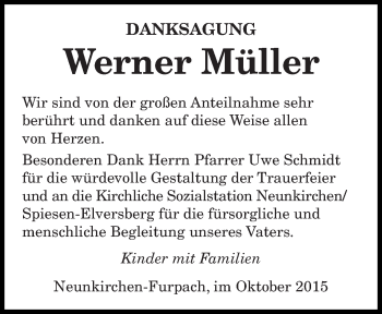 Todesanzeige von Werner Müller von saarbruecker_zeitung