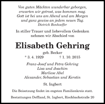 Todesanzeige von Elisabeth Gehring von saarbruecker_zeitung