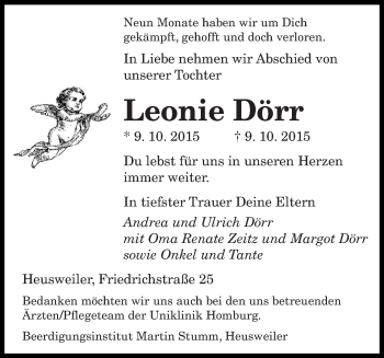 Todesanzeige von Leonie Dörr von saarbruecker_zeitung