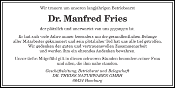 Todesanzeige von Manfred Fries von saarbruecker_zeitung
