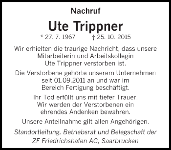 Todesanzeige von Ute Trippner von saarbruecker_zeitung