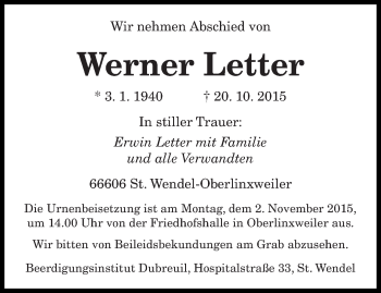 Todesanzeige von Werner Letter von saarbruecker_zeitung